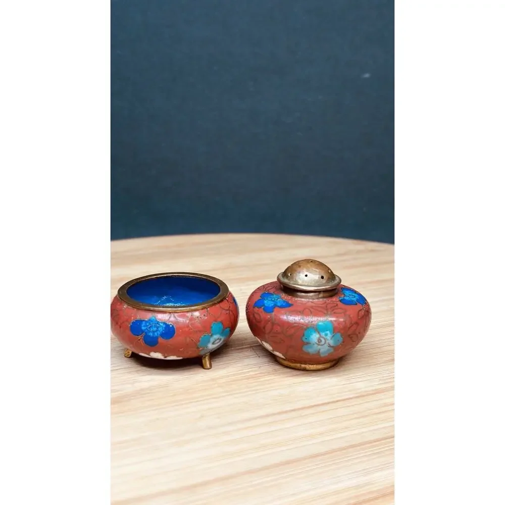 Vintage Chinese Cloisonné Salt Dip & Pepper Shaker Combination Floral Enamel